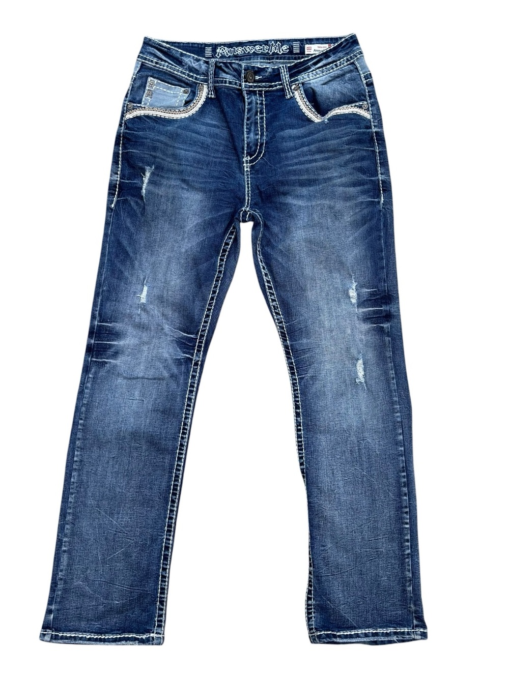 Slim Straight Distressed Men's Jeans - Dark Blue Cowboy  Contrast Stitch 36